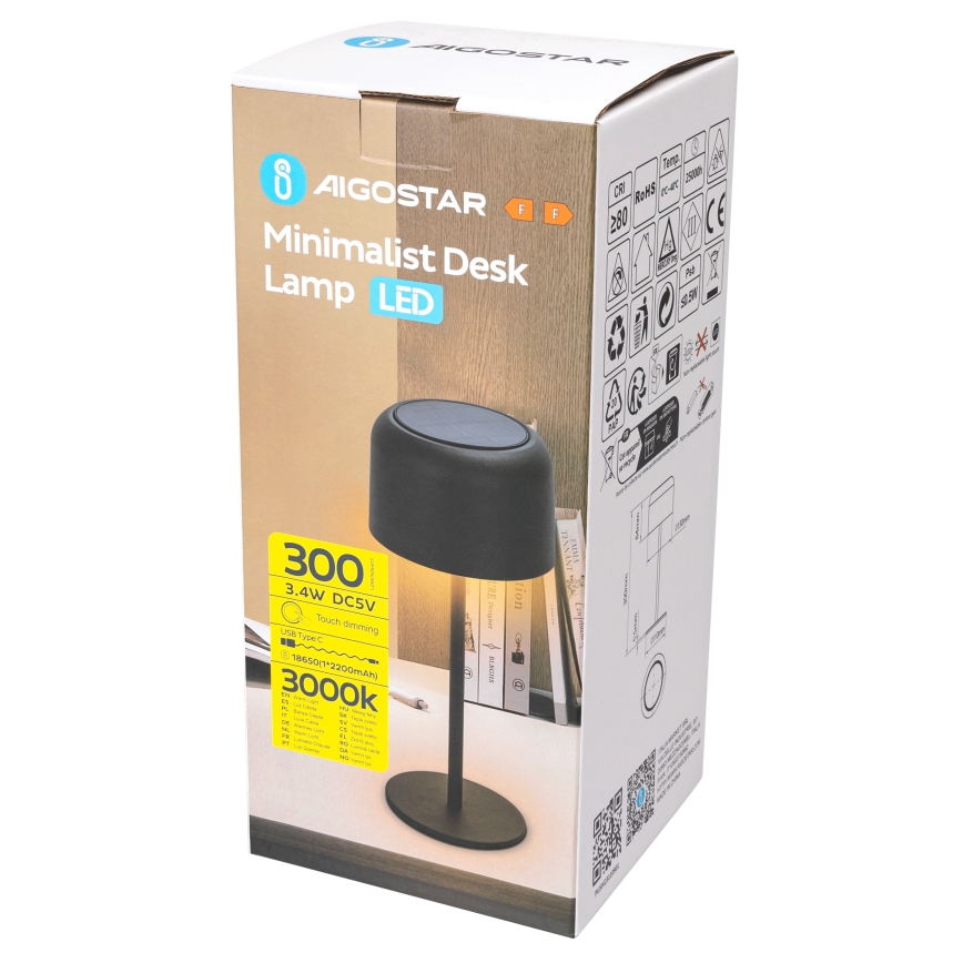 Aigostar - Ηλιακό φωτιστικό LED dimmable επαναφορτιζόμενο LED / 3W / 5V 2200mAh μαύρο IP54