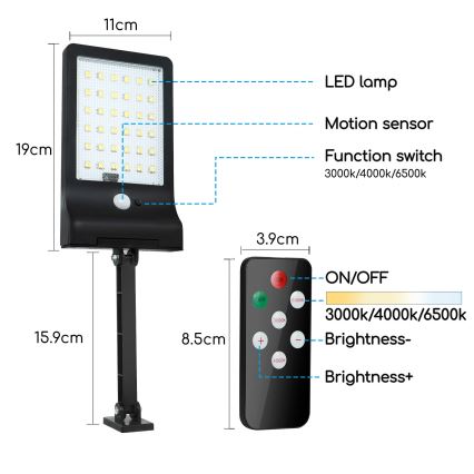 Aigostar -  Ηλιακό φωτιστικό LED ντιμαριζόμενο με αισθητήρα LED/2,3W/5,5V IP65 + τηλεχειριστήριο