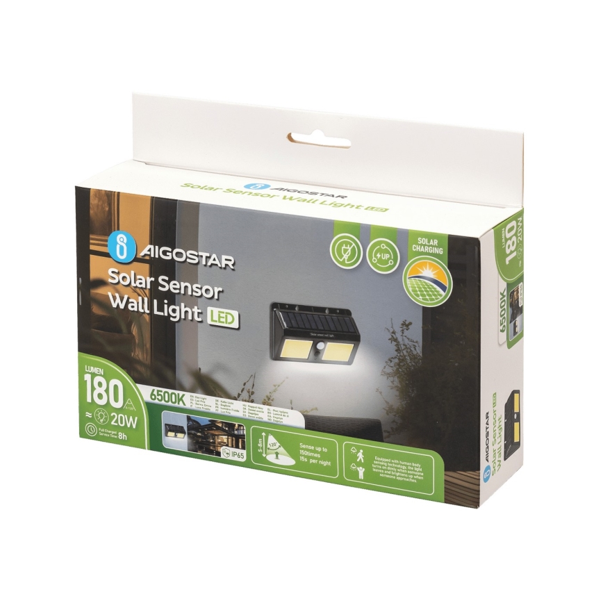 Aigostar - Ηλιακό φωτιστικό τοίχου LED με αισθητήρα LED/20W/5,5V 2400 mAh 6500K IP65
