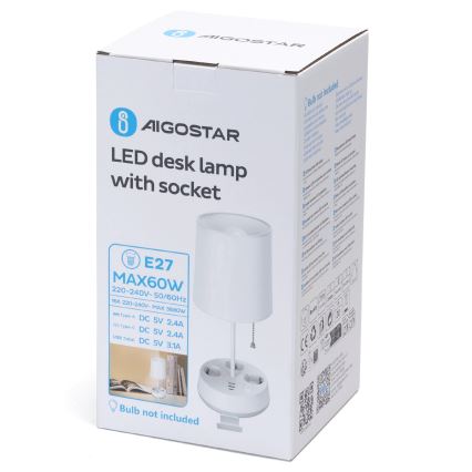 Aigostar - Λάμπα γραφείου με πρίζες και θύρες USB 1xE27/60W/230V άσπρη