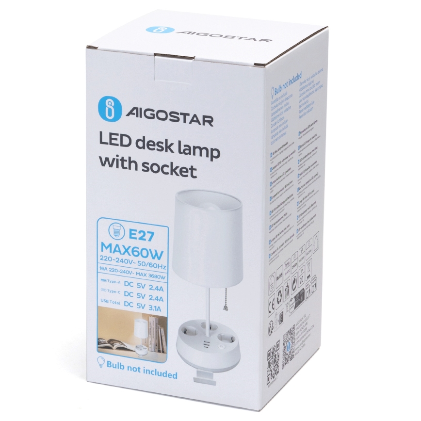 Aigostar - Λάμπα γραφείου με πρίζες και θύρες USB 1xE27/60W/230V άσπρη