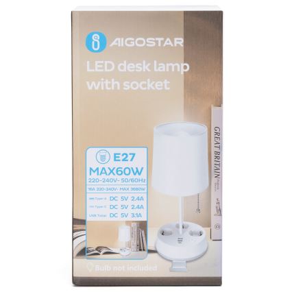 Aigostar - Λάμπα γραφείου με πρίζες και θύρες USB 1xE27/60W/230V άσπρη