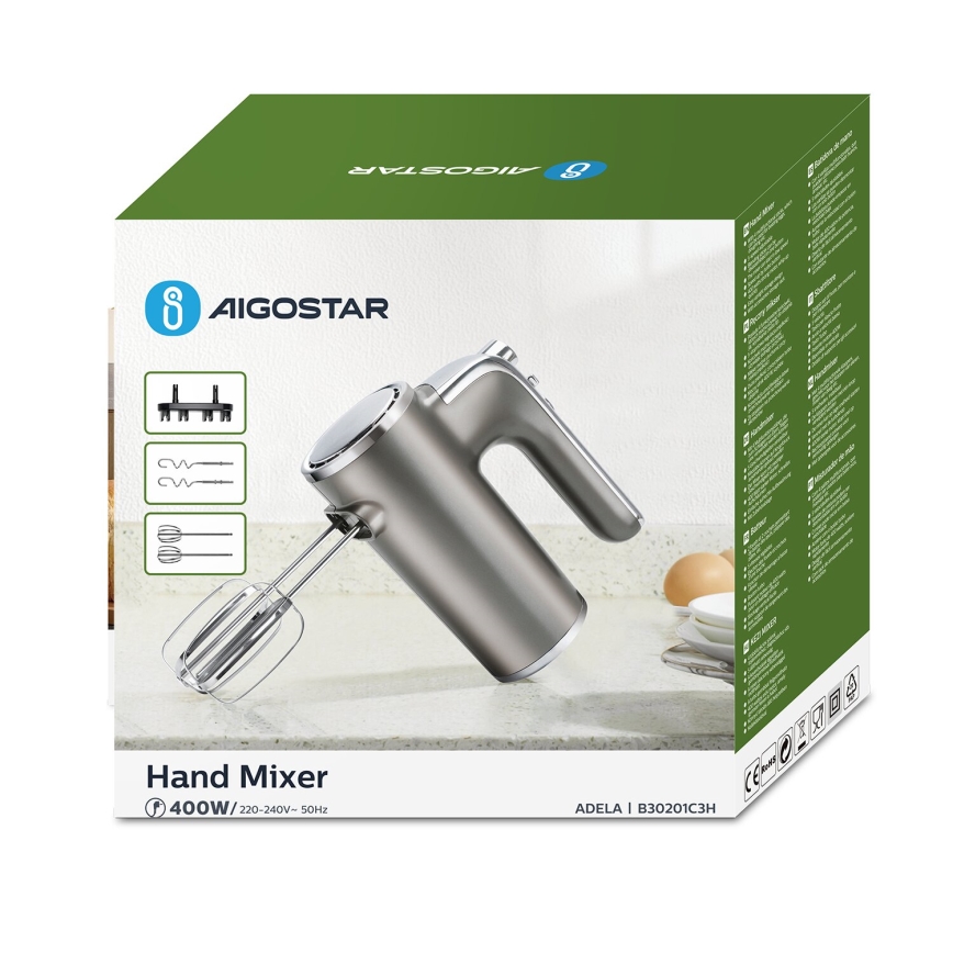Aigostar - Μίξερ χειρός 400W/230V γκρι/ματ χρώμιο