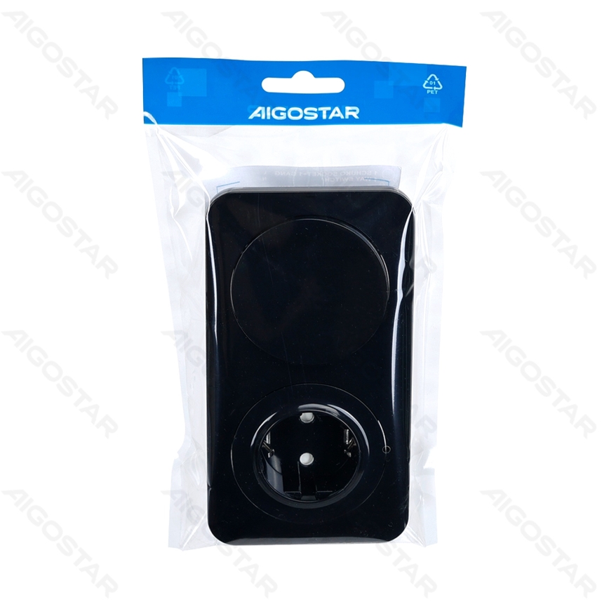 Aigostar - Μονοπολικός διακόπτης 1 θέσης και πρίζα SCHUKO 230V με πλαίσιο, μαύρο