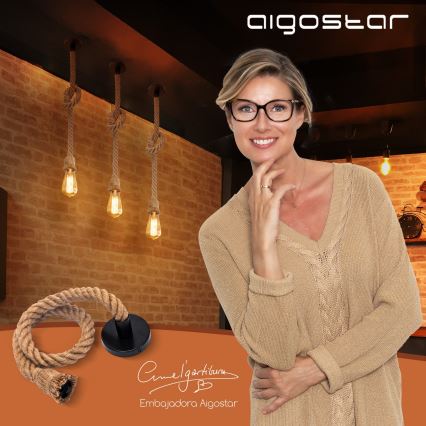 Aigostar - Ντουί κρεμαστό με ροζέτα και σχοινί 1xE27/60W/230V