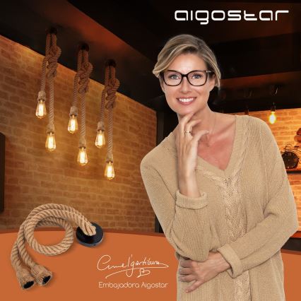 Aigostar - Ντουί κρεμαστό με ροζέτα και σχοινί 2xE27/60W/230V