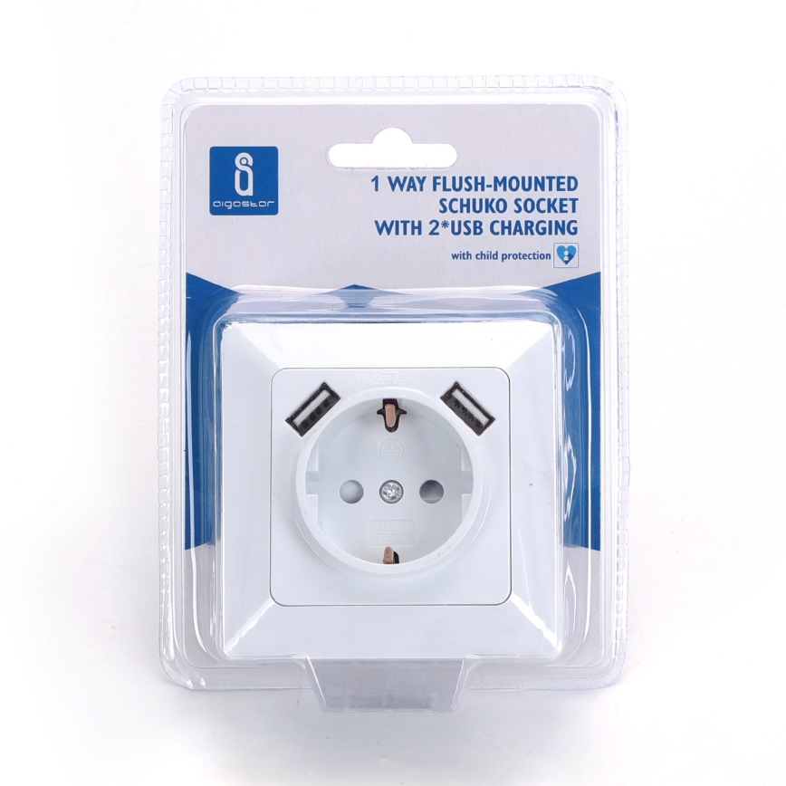 Aigostar - Οικιακή πρίζα SCHUKO 250V με 2 θύρες USB και πλαίσιο, λευκή
