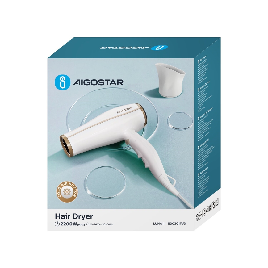 Aigostar - Πιστολάκι μαλλιών με ιονιστή 2200W/230V λευκό