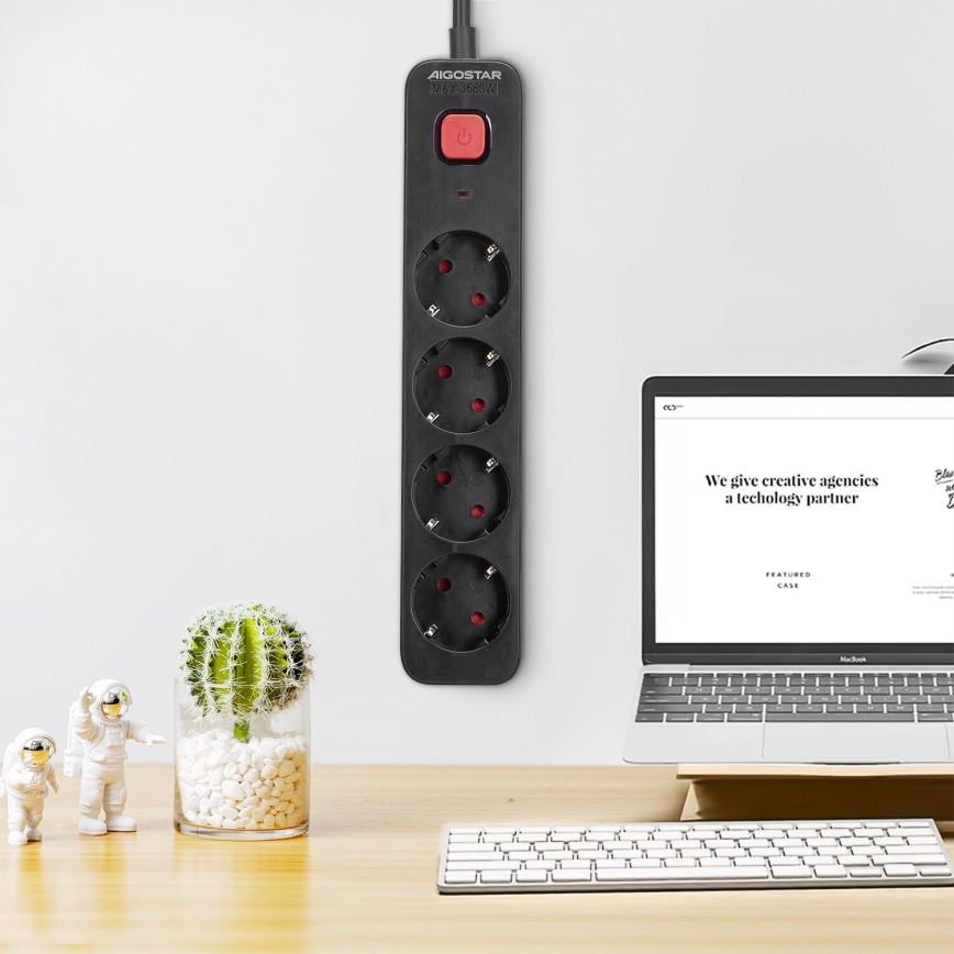 Aigostar - Πολύπριζο με διακόπτη 4Z Type F 1,5m μαύρο