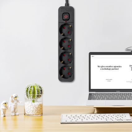 Aigostar - Πολύπριζο με διακόπτη 4Z Type F 3m μαύρο