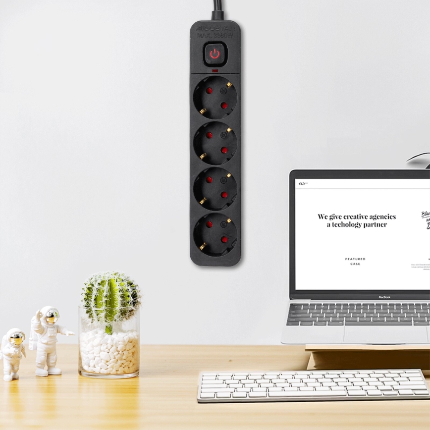 Aigostar - Πολύπριζο με διακόπτη 4Z Type F 3m μαύρο