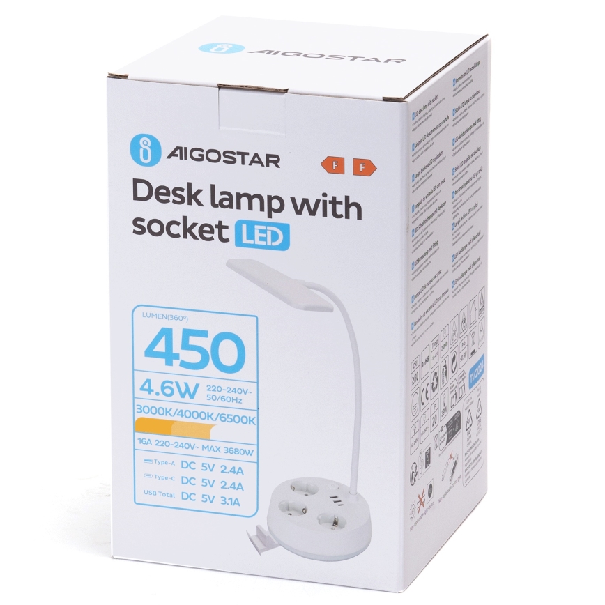 Aigostar - Ρυθμιζόμενη Λαμπα LED Επιτραπέζια με Θυρίδες και USB LED/4,6W/230V 3000/4000/6500K Λευκή