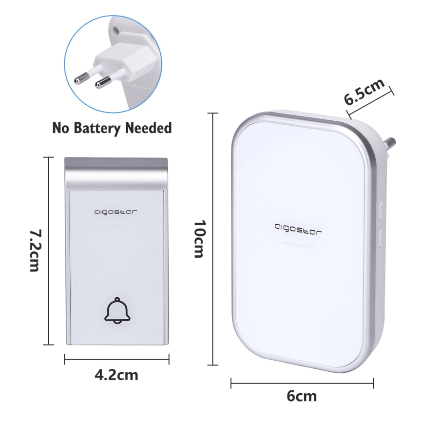 Aigostar - ΣΕΤ 2x Ασύρματο κουδούνι με πρίζα 230V IP44 λευκό