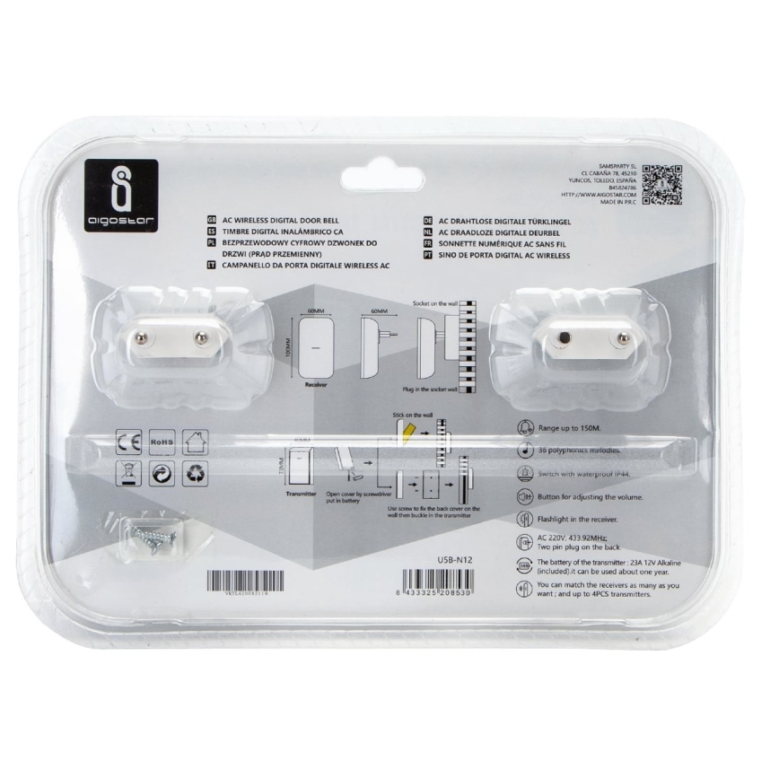 Aigostar - ΣΕΤ 2x Ασύρματο κουδούνι πόρτας 230V/12V IP44 λευκό