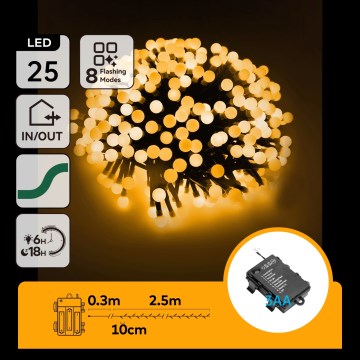 Aigostar - Υπαίθρια χριστουγεννιάτικα φωτάκια LED 25xLED/8 λειτουργίες 3xAA 2,8m IP44 θερμό λευκό