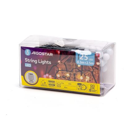 Aigostar - Υπαίθρια χριστουγεννιάτικα φωτάκια LED 25xLED/8 λειτουργίες 3xAA 2,8m IP44 θερμό λευκό