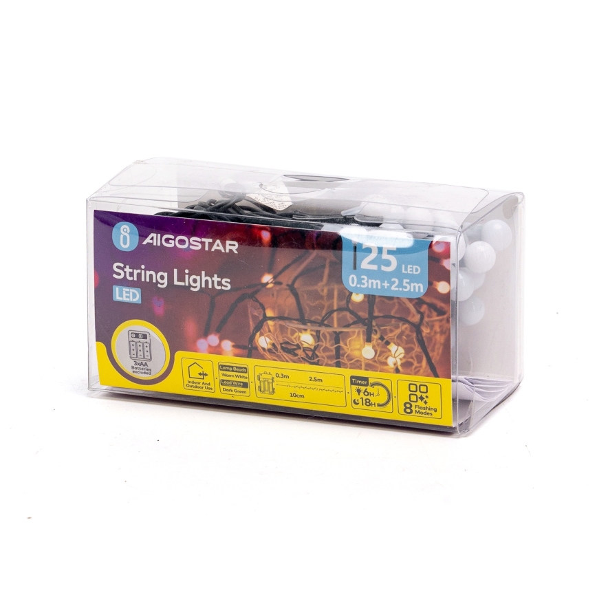 Aigostar - Υπαίθρια χριστουγεννιάτικα φωτάκια LED 25xLED/8 λειτουργίες 3xAA 2,8m IP44 θερμό λευκό