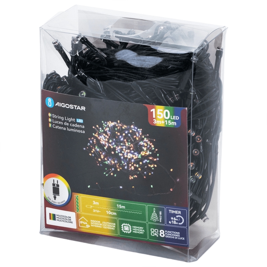 Aigostar - Υπαίθρια χριστουγεννιάτικη γιρλάντα 150xLED/8 λειτουργίες 18m IP44 πολύχρωμη