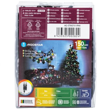 Aigostar - Υπαίθρια χριστουγεννιάτικη γιρλάντα 150xLED/8 λειτουργίες 18m IP44 πολύχρωμη