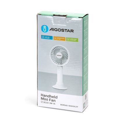 Aigostar - Φορητός επαναφορτιζόμενος ανεμιστήρας 3W/5V 1500mAh USB λευκός