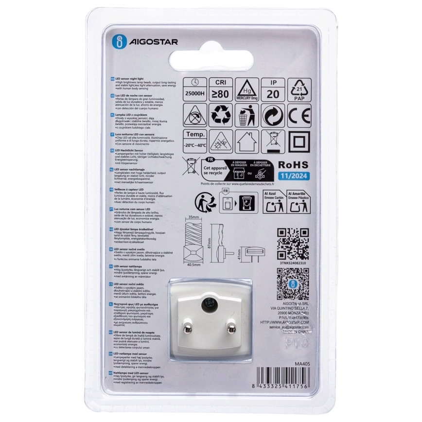Aigostar - LED Φωτάκι νυκτός με αισθητήρα σούρουπου LED/0,2W/230V 6500K