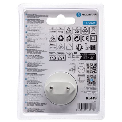 Aigostar - LED Φωτάκι νυκτός με αισθητήρα σούρουπου LED/0,5W/230V 3000K