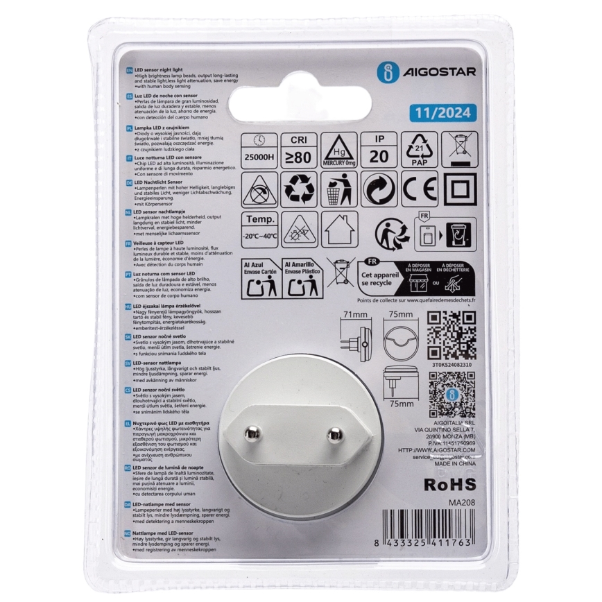 Aigostar - LED Φωτάκι νυκτός με αισθητήρα σούρουπου LED/0,5W/230V 3000K