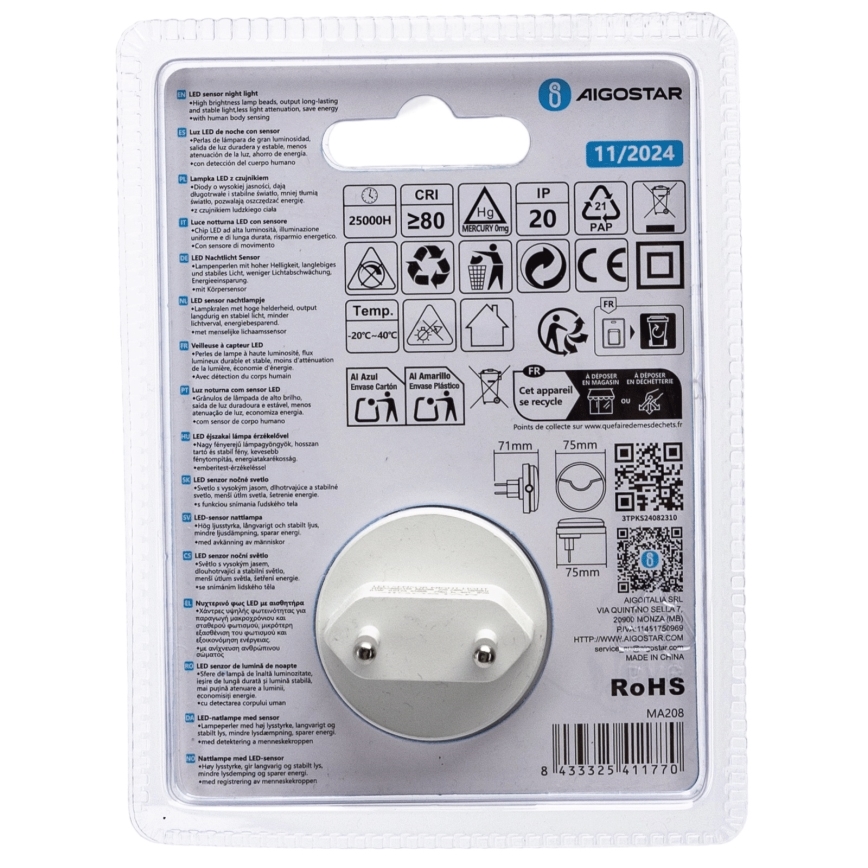 Aigostar - LED Φωτάκι νυκτός με αισθητήρα σούρουπου LED/0,5W/230V 6500K