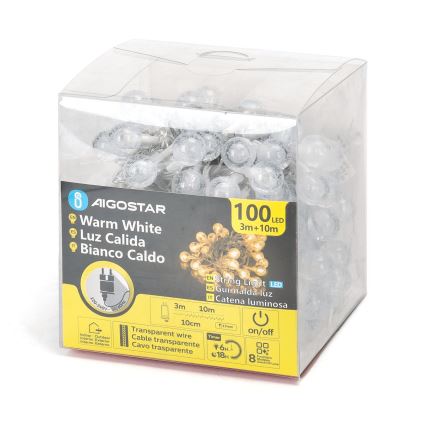 Aigostar - Χριστουγεννιάτικα λαμπάκια εξωτερικού χώρου LED 100xLED/8 λειτουργίες 13m IP44 θερμό λευκό