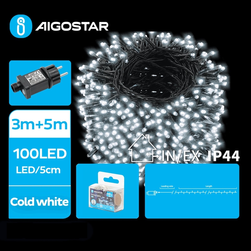 Aigostar - Χριστουγεννιάτικα λαμπάκια εξωτερικού χώρου LED 100xLED/8 λειτουργίες 8m IP44 ψυχρό λευκό