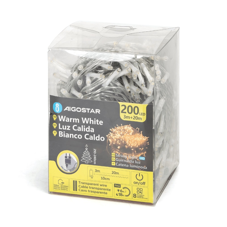 Aigostar - Χριστουγεννιάτικα λαμπάκια εξωτερικού χώρου LED 200xLED/8 λειτουργίες 23m IP44 θερμό λευκό