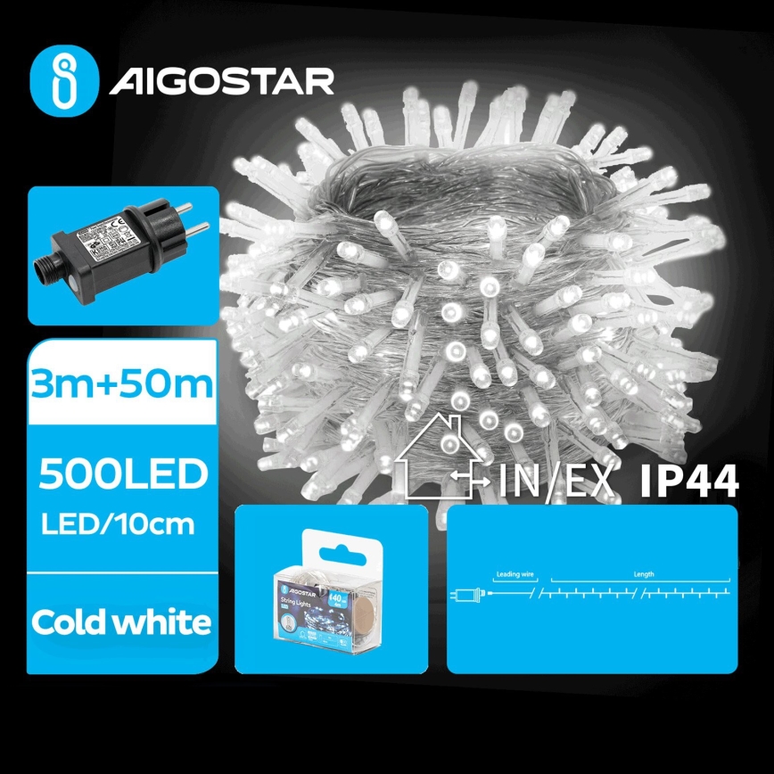 Aigostar - Χριστουγεννιάτικα λαμπάκια εξωτερικού χώρου LED 500xLED/8 λειτουργίες 53m IP44 ψυχρό λευκό