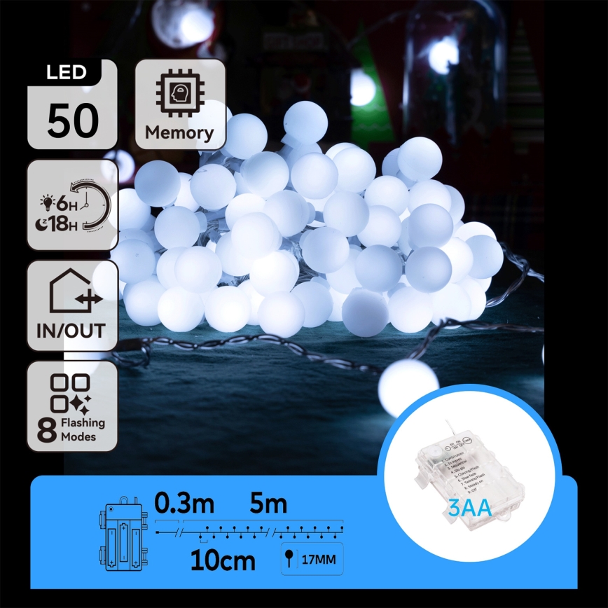 Aigostar - Χριστουγεννιάτικα λαμπάκια εξωτερικού χώρου LED 50xLED/3xAA/8 λειτουργίες 5,3 m IP44 ψυχρό λευκό