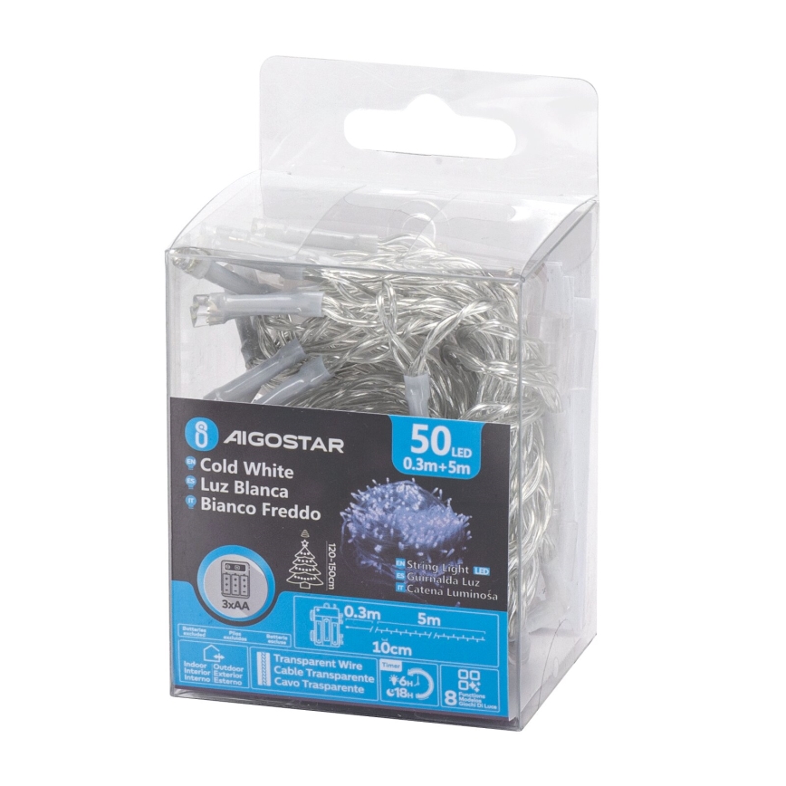 Aigostar -Χριστουγεννιάτικα λαμπάκια εξωτερικού χώρου LED 50xLED/8 λειτουργίες 3xAA 5,3m IP44 ψυχρό λευκό