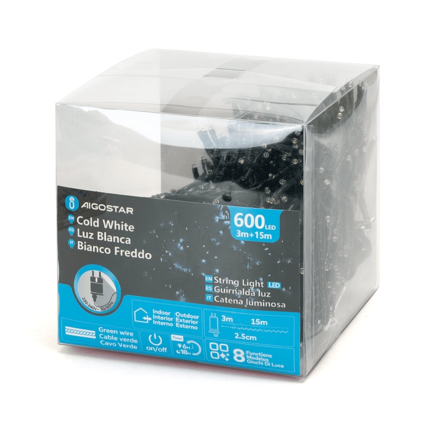 Aigostar - Χριστουγεννιάτικα λαμπάκια εξωτερικού χώρου LED 600xLED/8 λειτουργίες 18m IP44 ψυχρό λευκό