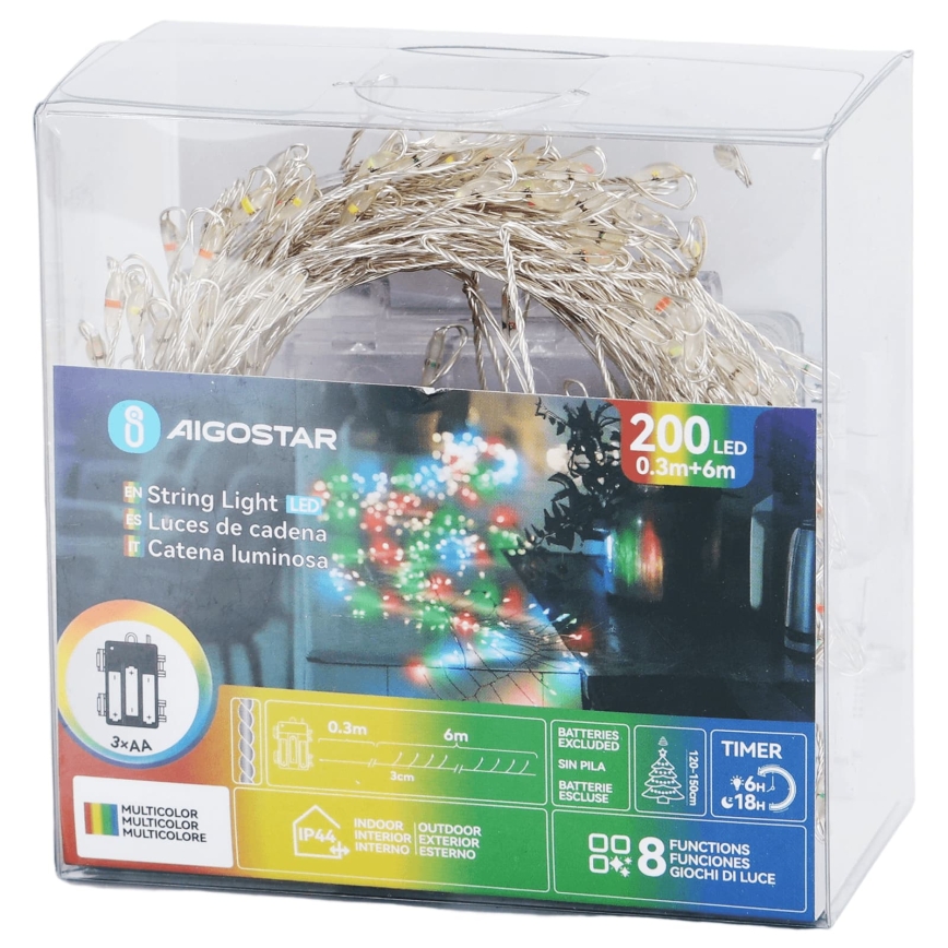 Aigostar - Χριστουγεννιάτικα φωτάκια LED για εξωτερικούς χώρους 200xLED/8 λειτουργίες 3xAA 6,3m IP44 πολυχρωματικά
