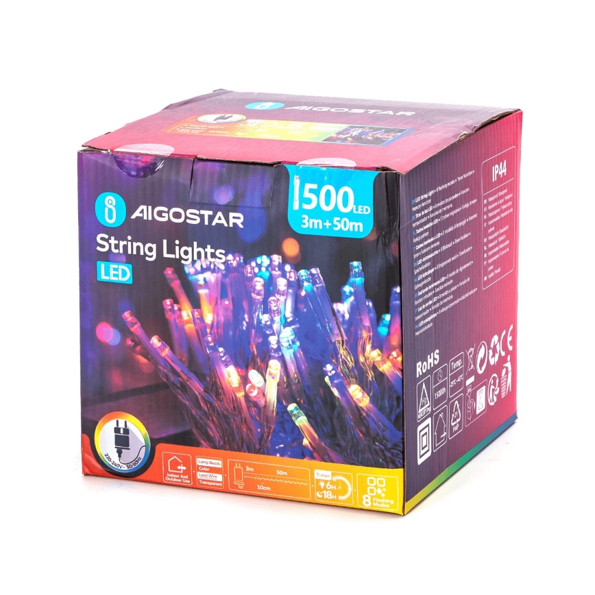 Aigostar - Χριστουγεννιάτικη φωτεινή αλυσίδα εξωτερικού χώρου LED 500xLED/8 λειτουργίες 53m IP44 πολύχρωμα