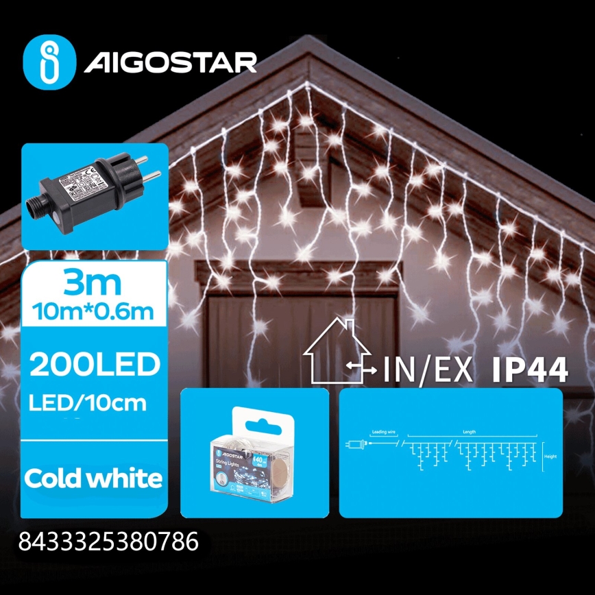 Aigostar - Χριστουγεννιάτικη LED γιρλάντα για εξωτερικό χώρο 200 LED / 8 λειτουργίες 13x0,6m IP44 ψυχρό λευκό