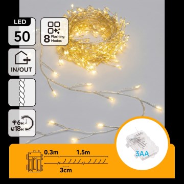 Aigostar - Χριστουγεννιάτικη LED γιρλάντα για εξωτερικούς χώρους 50 LED / 8 λειτουργίες 3xAA 1,8 m IP44 θερμό λευκό