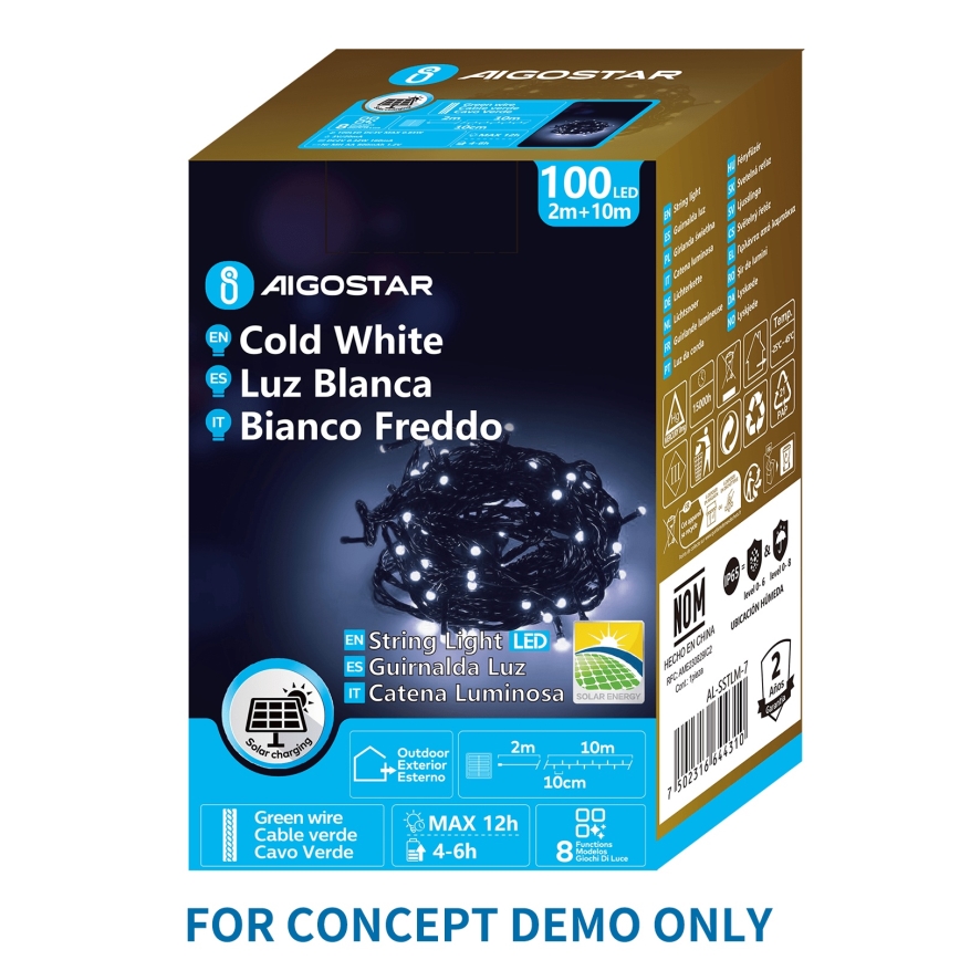 Aigostar - LED ηλιακή χριστουγεννιάτικη γιρλάντα 200xLED/8 λειτουργίες 22m IP65 ψυχρό λευκό 800 mAh