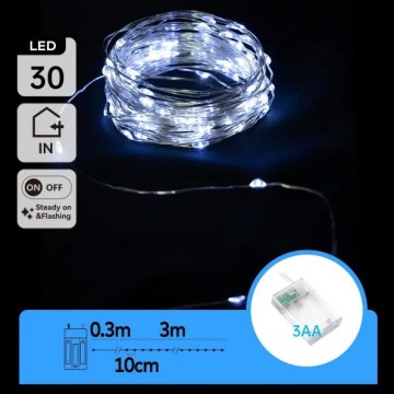 Aigostar - Χριστουγεννιάτικη γιρλάντα LED 30xLED/3xAA 3,3 m ψυχρό λευκό