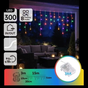 Aigostar - Χριστουγεννιάτικη γιρλάντα LED για εξωτερικό χώρο 300xLED/8 λειτουργίες 3xAA 18x0,6 m IP44 πολύχρωμη