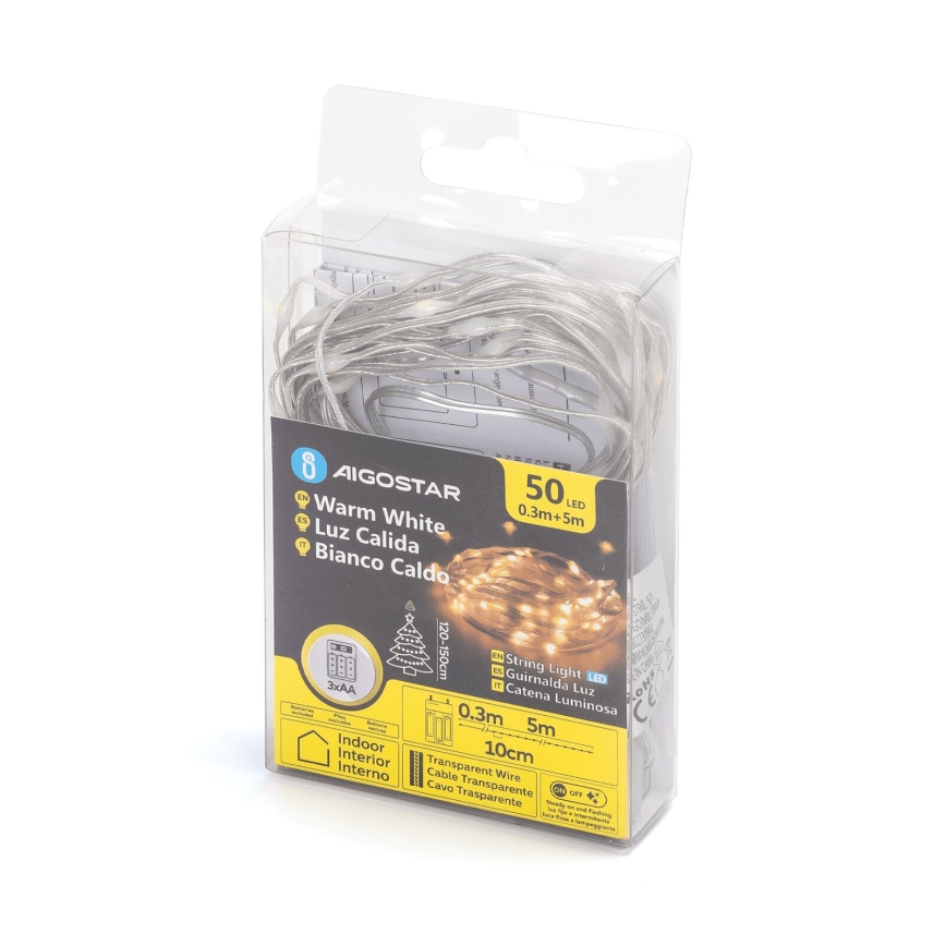 Aigostar - Χριστουγεννιάτικα λαμπάκια LED 50xLED/3xAA 5,3m θερμό λευκό