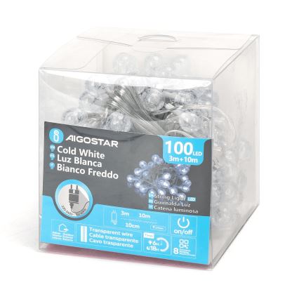 Aigostar - Χριστουγεννιάτικα λαμπάκια εξωτερικού χώρου LED 100xLED/8 λειτουργίες 13m IP44 ψυχρό λευκό