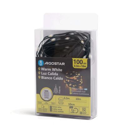 Aigostar - Χριστουγεννιάτικα λαμπάκια εξωτερικού χώρου LED 100xLED/8 λειτουργίες 3xAA 10,3m IP44 θερμό λευκό