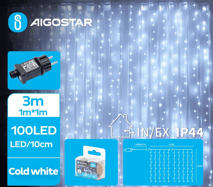 Aigostar - Χριστουγεννιάτικα λαμπάκια εξωτερικού χώρου LED 100xLED/8 λειτουργίες 4x1m IP44 ψυχρό λευκό