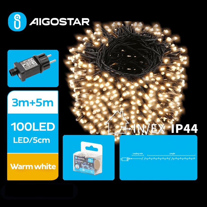 Aigostar - Χριστουγεννιάτικα λαμπάκια εξωτερικού χώρου LED 100xLED/8 λειτουργίες 8m IP44 θερμό λευκό