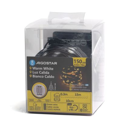 Aigostar -Χριστουγεννιάτικα λαμπάκια εξωτερικού χώρου LED 150xLED/8 λειτουργίες 3xAA 15,3m IP44 θερμό λευκό