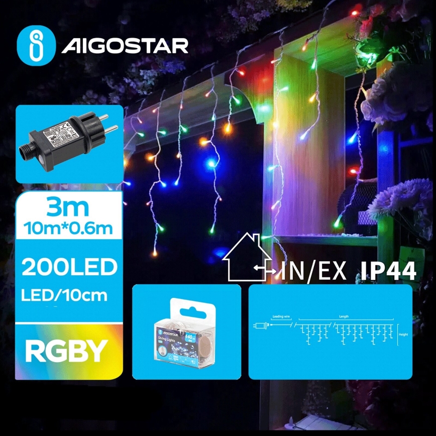 Aigostar - Χριστουγεννιάτικα λαμπάκια εξωτερικού χώρου LED 200xLED/8 λειτουργίες 13x0,6m IP44 πολύχρωμα