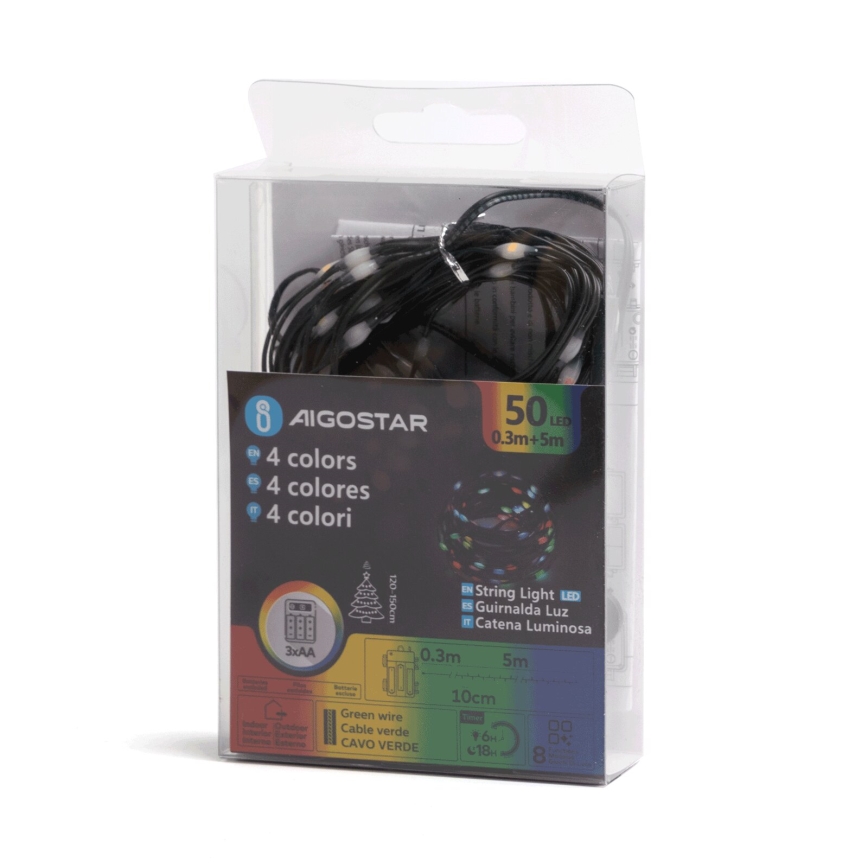 Aigostar - Χριστουγεννιάτικα λαμπάκια εξωτερικού χώρου LED 50xLED/8 λειτουργίες 3xAA 5,3m IP44 πολύχρωμα